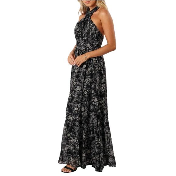 Petal & Pup Pleated Halter Black Floral Backless Lennon Maxi Dress Size M - Picture 10 of 12